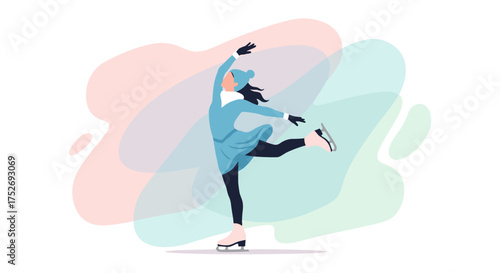 An elegant figure skater gracefully performs a routine on ice, showcasing skill and artistry with a colorful backdrop.