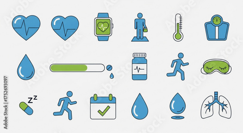 Collection of health and wellness icons, featuring symbols for heart health, fitness tracking, sleep, and medical care