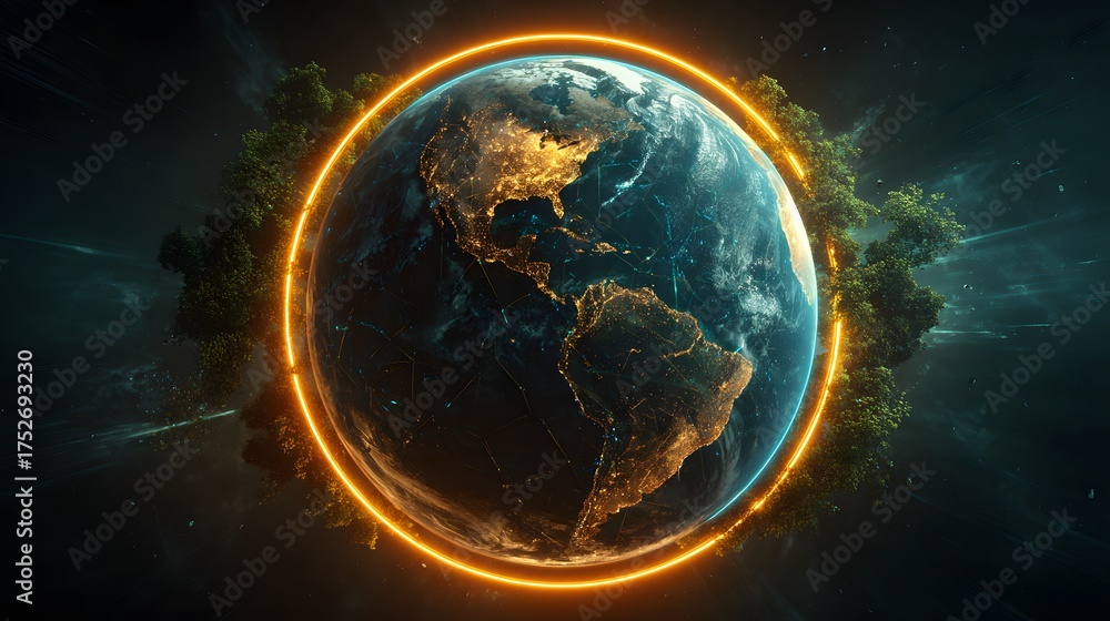 Fototapeta premium Realistic planet Earth surrounded by a glowing golden energy ring in deep space, concept of global protection, communication network, or climate change.