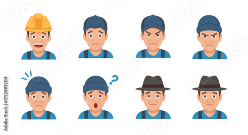 Collection of diverse male avatars displaying a range of emotions and headwear, including hard hats, caps, and fedoras.