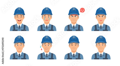 Eight cartoon illustrations of a male construction worker in a hard hat and overalls displaying various emotions and facial expressions, including happiness, sadness, anger, and neutrality.