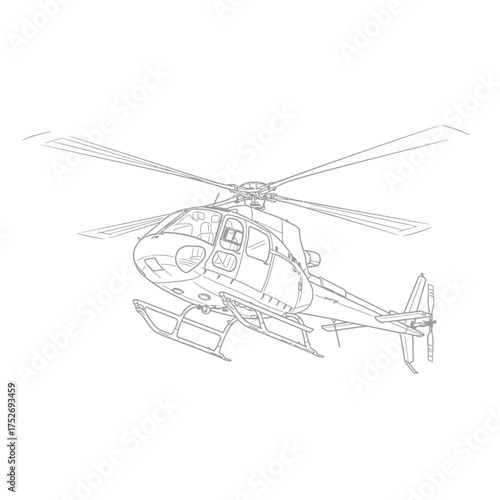 Vector art of a detailed line drawing sketch of a modern helicopter in flight, showcasing its rotor blades, fuselage, and landing gear