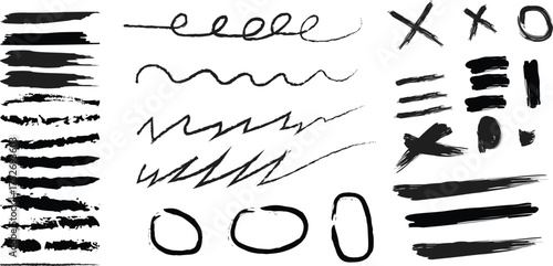 Black Ink Brush Strokes Vector Illustration: Scribbles, Lines, Circles, Crosses, Grunge Texture Elements for Graphic Design & Artistic Projects