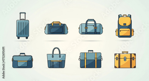 Set of different types of travel bags, including suitcase, duffel bag, backpack, and tote bag for vacation and business trip