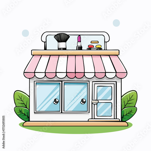 Cosmetics shop exterior cartoon illustration with beauty products display