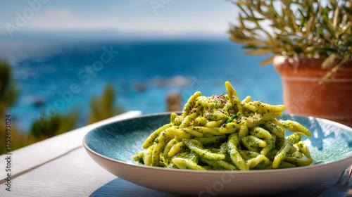 A plate of trofie pasta with pesto sauce on a table overlooking the sea and potted plant nearby