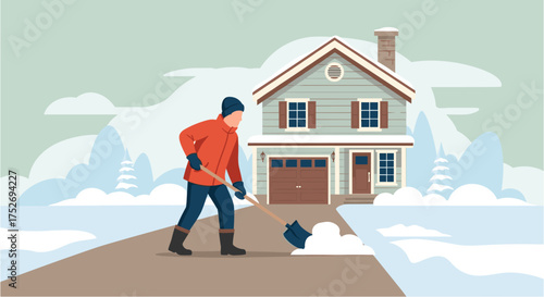 A person diligently shovels snow from a driveway in front of a cozy house on a cold winter day, maintaining the property.