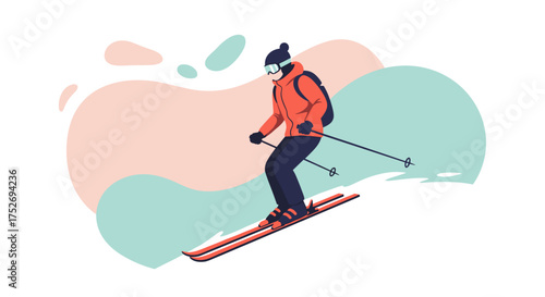A skier in winter attire carves down a snowy slope, enjoying the thrill of the downhill run amidst an abstract backdrop.