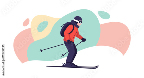 An illustrated skier glides down a snowy slope, enjoying the winter sport with a backpack and ski poles against a colorful background.