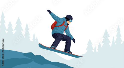 A snowboarder, equipped with gear, jumps mid-air against a backdrop of snowy mountains and evergreen trees, enjoying winter sport.
