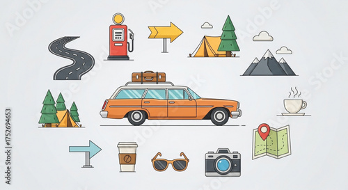 Set of road trip icons collection of travel symbols, car, map, signpost, gas station, tent, camera, sunglasses, coffee, and mountain