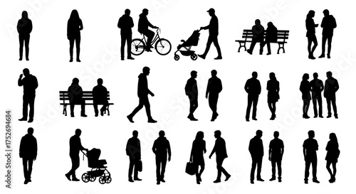 Isolated black silhouette of people in various poses and activities on white backdrop, concept for urban planning, architectural representation and crowd simulation