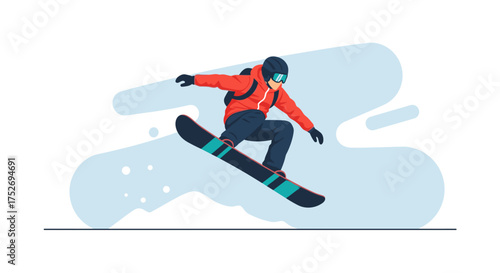 A vibrant illustration captures a snowboarder mid-air, showcasing skill and the thrill of winter sports against a clean backdrop with dynamic design elements.