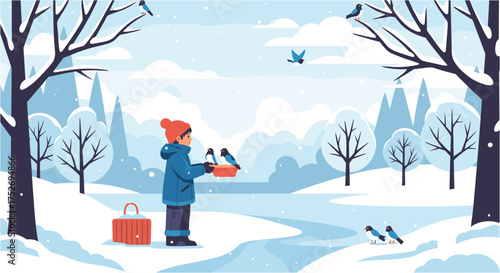 A young child in warm winter clothing feeds cheerful bluebirds in a snowy, idyllic outdoor scene with a peaceful, natural atmosphere.