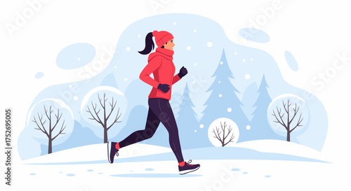A woman in winter running gear enjoys a brisk jog in a snowy, picturesque landscape, staying active and healthy.