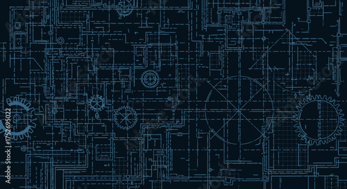 Dark blue blueprint background with complex mechanical details, gears, and architectural outlines. Concept for engineering projects, architectural designs, and technical presentations