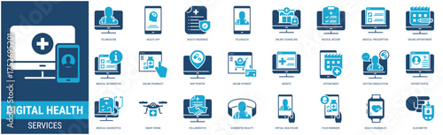 DIGITAL HEALTH SERVICES Icon Set containing telemedicine, health app, health insurance, telehealth, online pharmacy, online counseling icons. Glyph duo tone style collections.