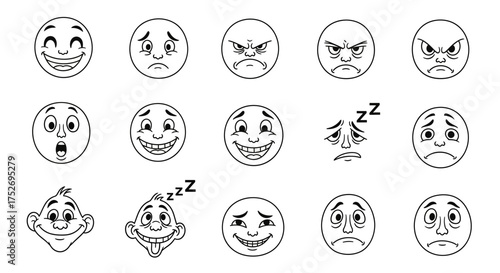 Collection of outline drawing emoticons in various emotional states, concept for expressing feelings, social media communication, and developing animation characters