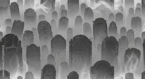 Digital illustration of a misty graveyard with old tombstones and eerie fog effects, concept for Halloween themed digital backgrounds, mystery novel covers and spooky season event promotions