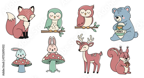 Collection of cute cartoon forest animals including fox, owls, bear, deer, squirrel and bunnies, isolated on white, concept for children's books, invitation cards and textile prints