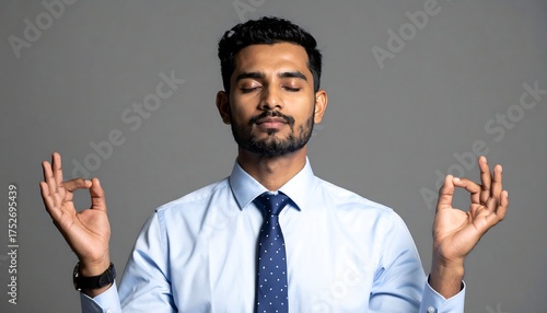 A man in formal wear meditates with fingers in gyan mudra against a gray backdrop