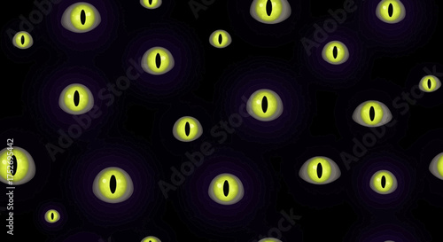Glow-in-the-dark yellow eyes floating in deep darkness, creating a spooky and mysterious ambiance. Concept for Halloween decoration, creepy backgrounds and horror themed designs