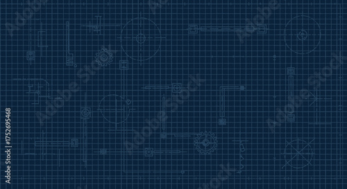 Dark blue blueprint with mechanical sketches of gears, circles, and lines over a grid pattern. Concept for engineering documentation, technical illustration, and manufacturing design