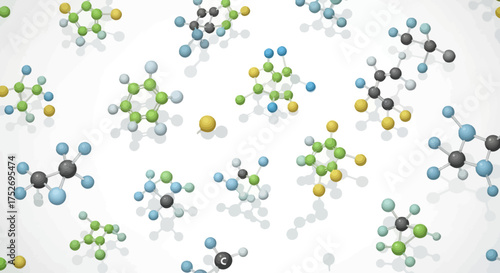 Colorful molecular structures with spherical atoms and bonds scattered on white backdrop. concept for science education, chemical research and pharmaceutical presentation