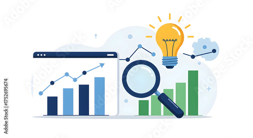 データ分析とインサイト：フラットデザインのビジネス統計アイコンイラスト