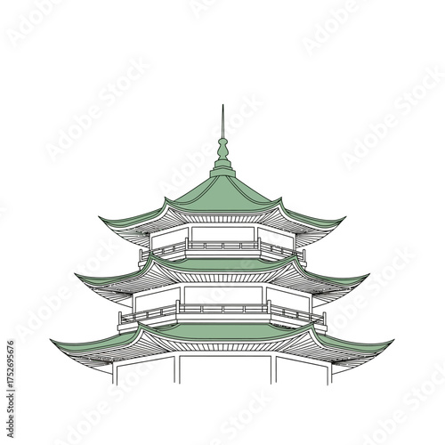 Vector art of traditional east asian pagoda with multiple tiers and green tiled roofs