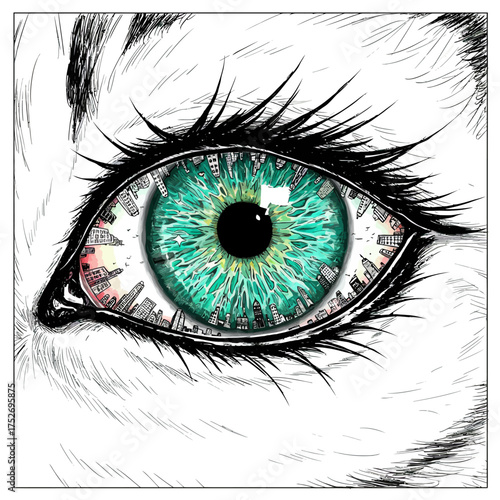 Vector art of a closeup, surreal illustration of a human eye with a vibrant turquoise iris that contains a cityscape, set against a detailed sketch of a tigers fur, symbolizing vision and urban life