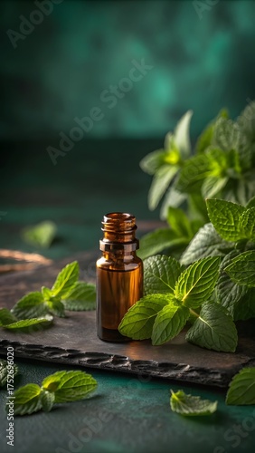 Peppermint Essential Oil Bottle With Fresh Green Mint Leaves On Dark Background For Aromatherapy And Natural Healing
