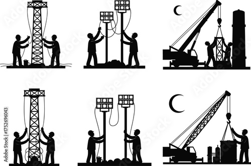 Utility and construction workers silhouette set digging holes with shovels, raising poles, and installing chain-link fences, black vector illustration for boundary security, power line.