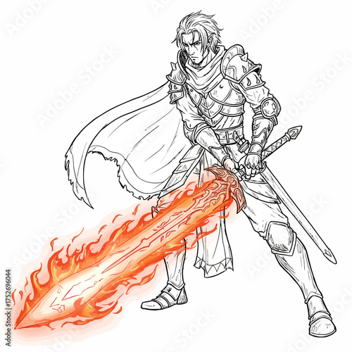Vector art of a fantasy warrior in full armor, wielding a flaming sword with intense fire effects, depicted in a detailed line art style against a stark