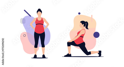 Illustrations of a pregnant woman performing various exercises and stretches to maintain fitness during pregnancy.