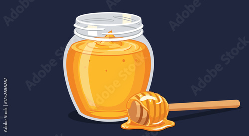 A glistening jar of golden honey with a wooden dipper coated in sweet viscous liquid.