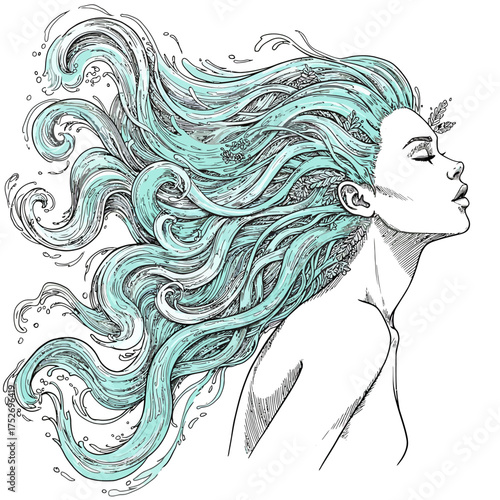 Vector art of artistic illustration of a woman with long, flowing, wavy turquoise hair blowing in the wind, profile view, closed eyes, serene expression, detailed sketch style