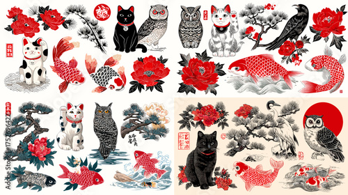 Japanese traditional art of lucky cats, owls, koi fish, and peonies in red and black tones. Symbolic illustration inspired by oriental tattoo and ukiyo-e culture with vintage charm.