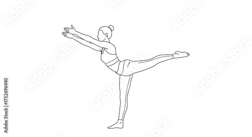 A person performing a warrior three yoga pose on a white background with outstretched arms and a lifted leg.