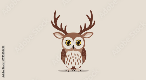An adorable owl with antlers on its head standing on a light brown surface with a plain light brown background.