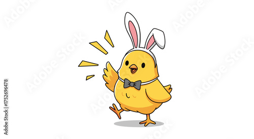 A cute little yellow chick wearing a bunny ear headband and a bow tie celebrates spring with a cheerful wave.