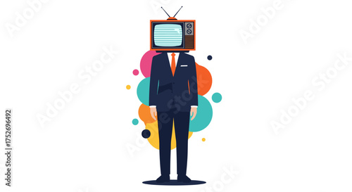 Man in a suit with a vintage television set as a head surrounded by colorful circles and dots.