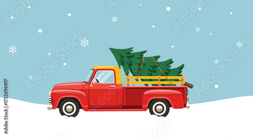 A vintage red truck drives through a snowy landscape carrying a Christmas tree on its bed.