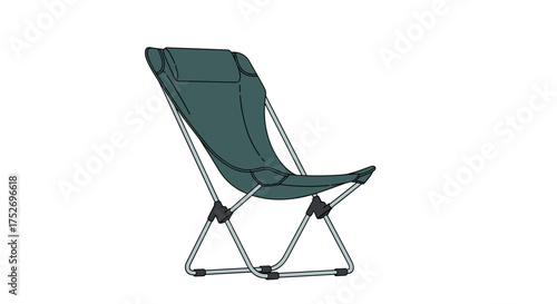 A portable dark green folding chair with a metal frame and fabric seat and back is ready for outdoor relaxation.