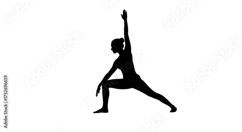 Silhouette of a woman performing a yoga warrior pose on a white background.