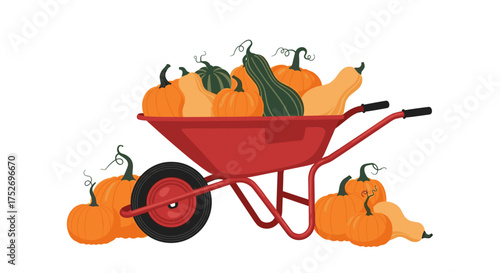 A red wheelbarrow overflowing with various gourds and pumpkins on a white background.