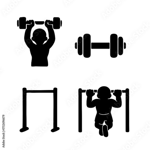 Illustration of stick figures doing weightlifting and pullups isolated on white background, representing strength training, fitness, and exercise with dumbbells and pullup bar