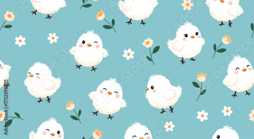 Cute fluffy chicks with tiny flowers on a soft blue background.