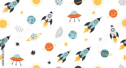 Explore the vastness of space with rockets planets and stars.