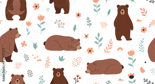 A collection of cute illustrated bears scattered across a white background with small flowers and leaves.